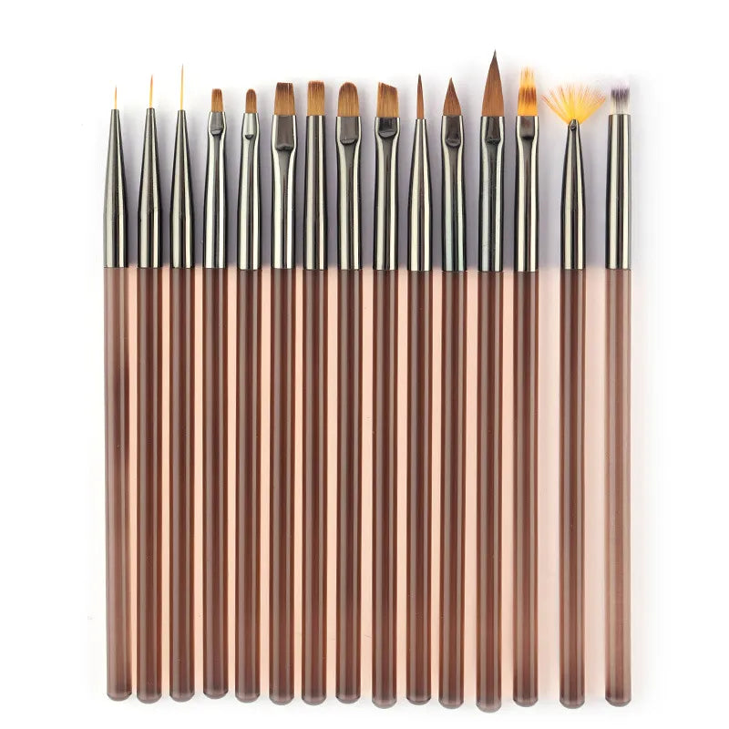 15 Pcs/Set Acrylic Transparent Manicure Brush Different Gel Nail Brushes Carving Drawing Line Pen Tool
