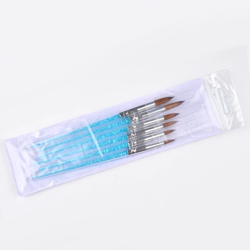 6Pcs/set Nylon Hair Nail Brush Blue Rhinestone Handle Kolinsky Acrylic Brush Pen Nail Gel Carving Building Dotting Drawing Tools