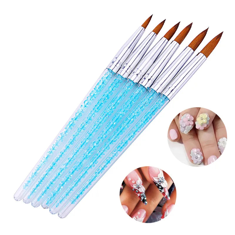 6Pcs/set Nylon Hair Nail Brush Blue Rhinestone Handle Kolinsky Acrylic Brush Pen Nail Gel Carving Building Dotting Drawing Tools