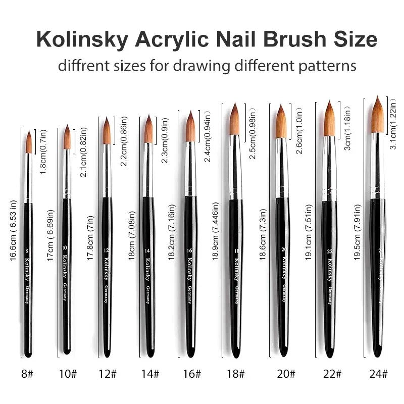 Kolinsky Acrylic Nail Brush Nail Art Mink Brush Wood Black Handle UV Gel Carving Pen Brush Manicure Brush Drawing Tool Size 8-24