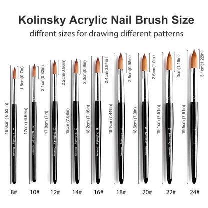 Kolinsky Acrylic Nail Brush Nail Art Mink Brush Wood Black Handle UV Gel Carving Pen Brush Manicure Brush Drawing Tool Size 8-24